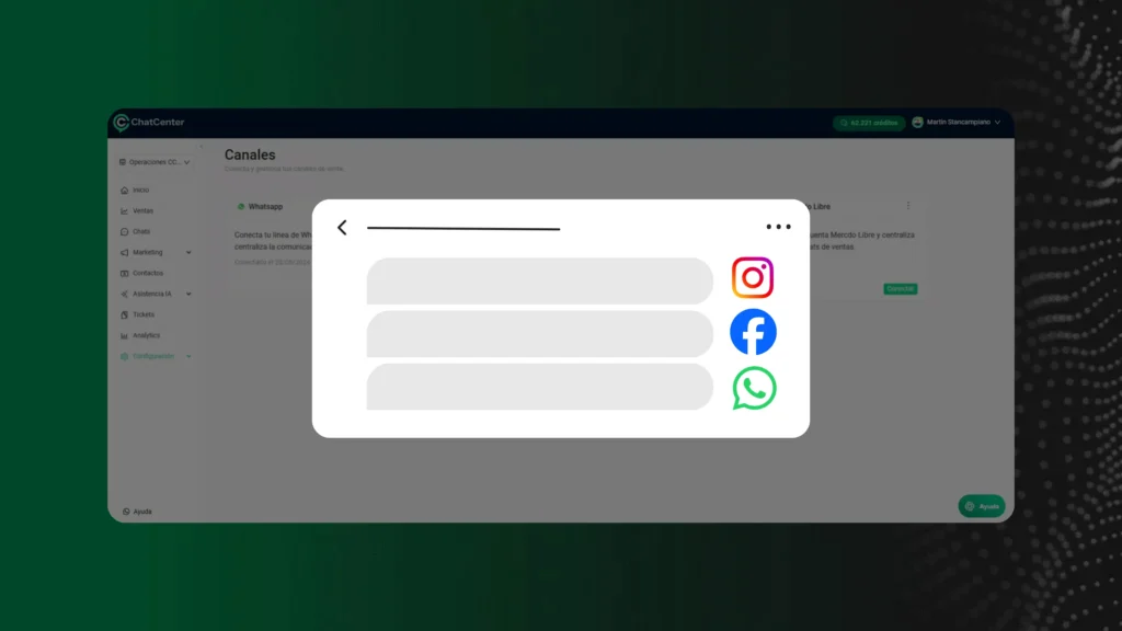 Bandeja de entrada unificada de ChatEcommerce con Instagram, Facebook Messenger y WhatsApp