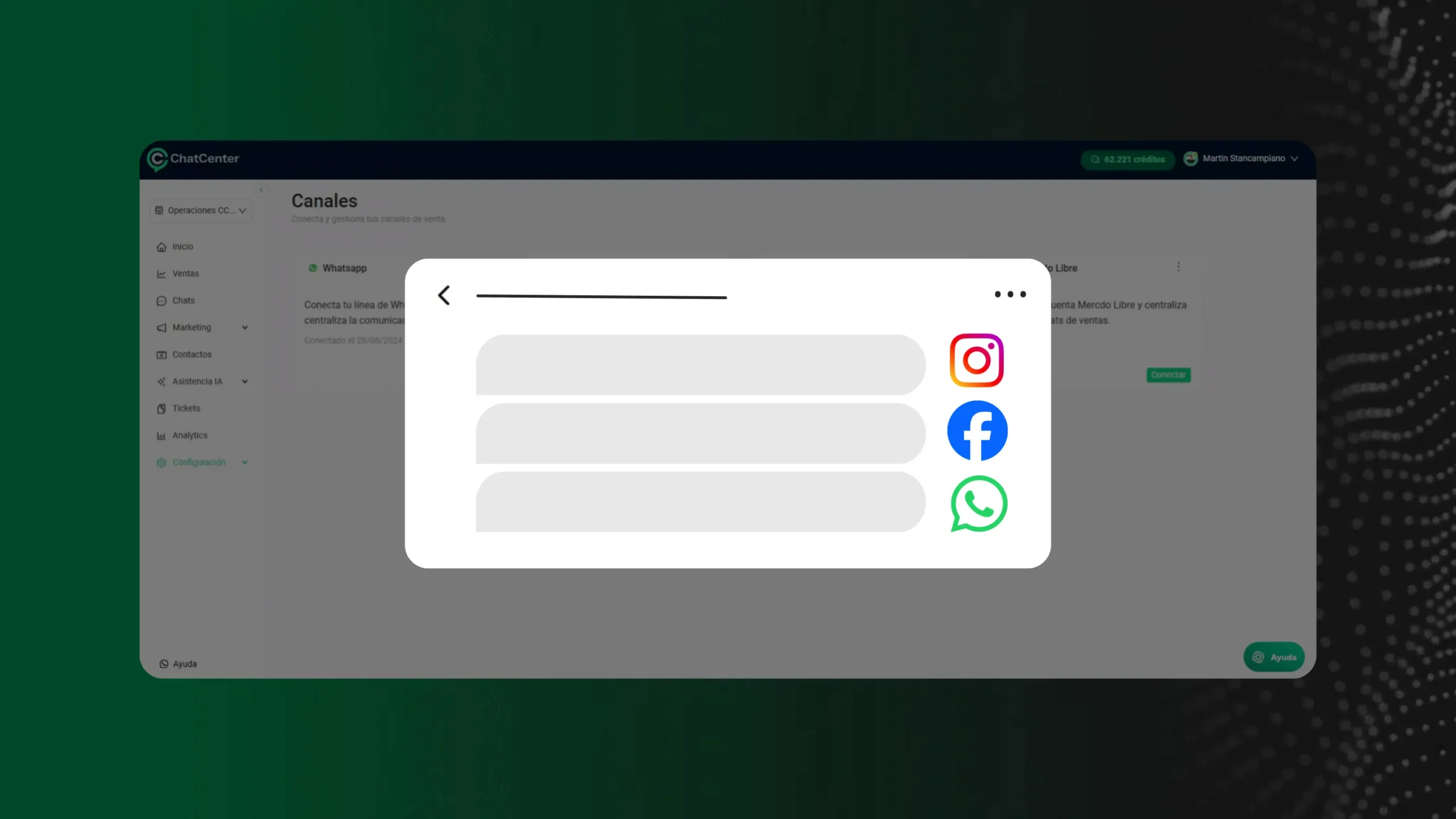 Bandeja de entrada unificada de ChatEcommerce con Instagram, Facebook Messenger y WhatsApp