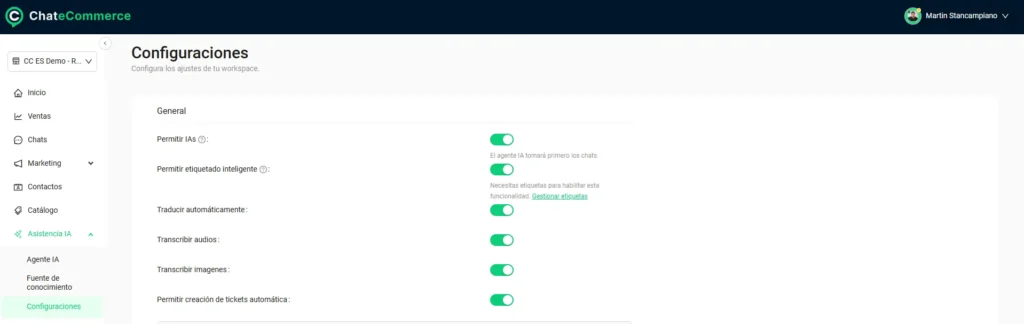 Activar funcionalidad de tickets automáticos del Agente IA en Chatecommerce