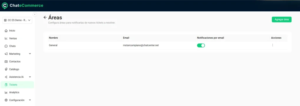 Configuración del Área General para notificaciones de tickets en Chatecommerce