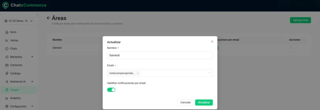Edición de correos y notificaciones de tickets en Chatecommerce