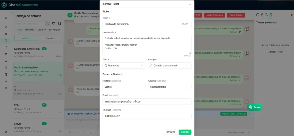 Vista de creación de tickets desde la conversación con Agente IA
