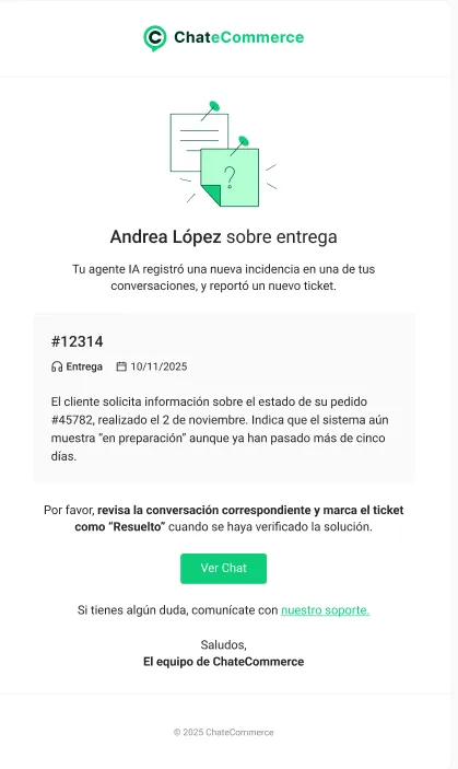 Ejemplo de correo recibido al crearse un ticket en Chatecommerce
