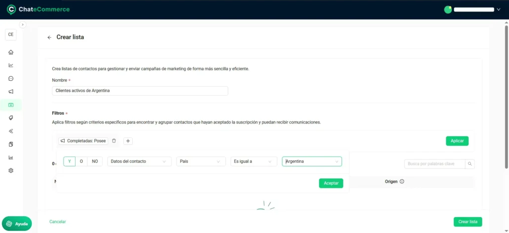 Combinación de filtros AND y OR para listas de WhatsApp Marketing en ChateCommerce
