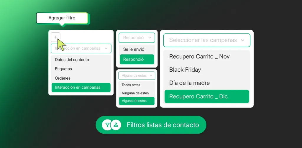 Panel de administración de ChatEcommerce mostrando la herramienta de filtros avanzados para segmentar listas de contactos por etiquetas, fecha y comportamiento de compra.