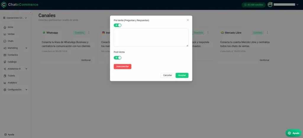 Pantalla de autorización de Mercado Libre para conectar con Chatecommerce