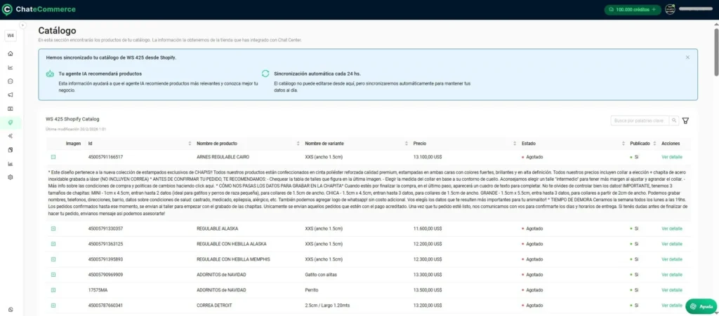 Vista del catálogo sincronizado de Shopify dentro de la plataforma ChateCommerce