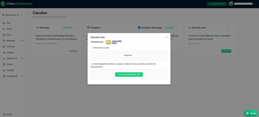 Visualización de conversación de Mercado Libre dentro de Chatecommerce