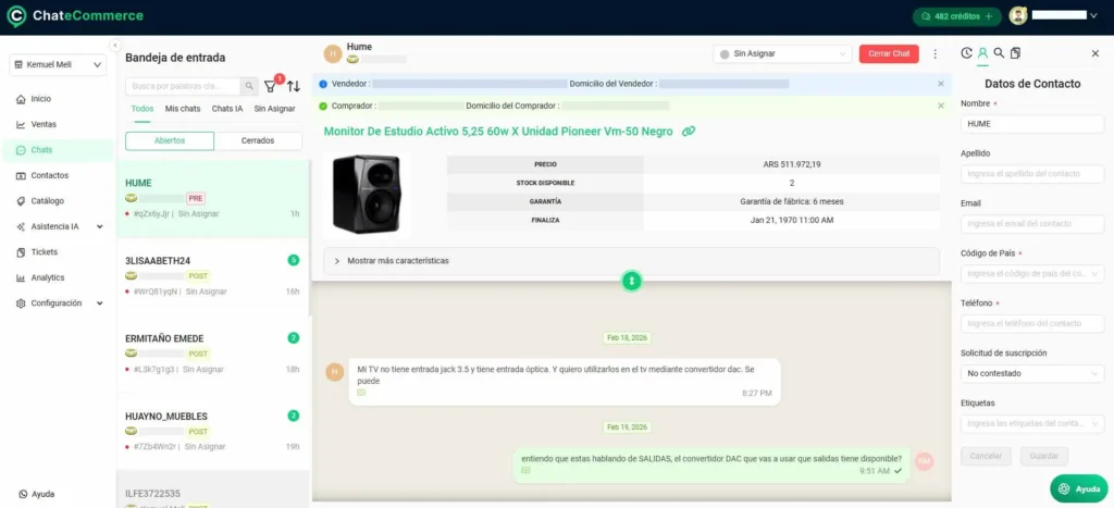Interfaz de chat de Mercado Libre gestionado desde Chatecommerce