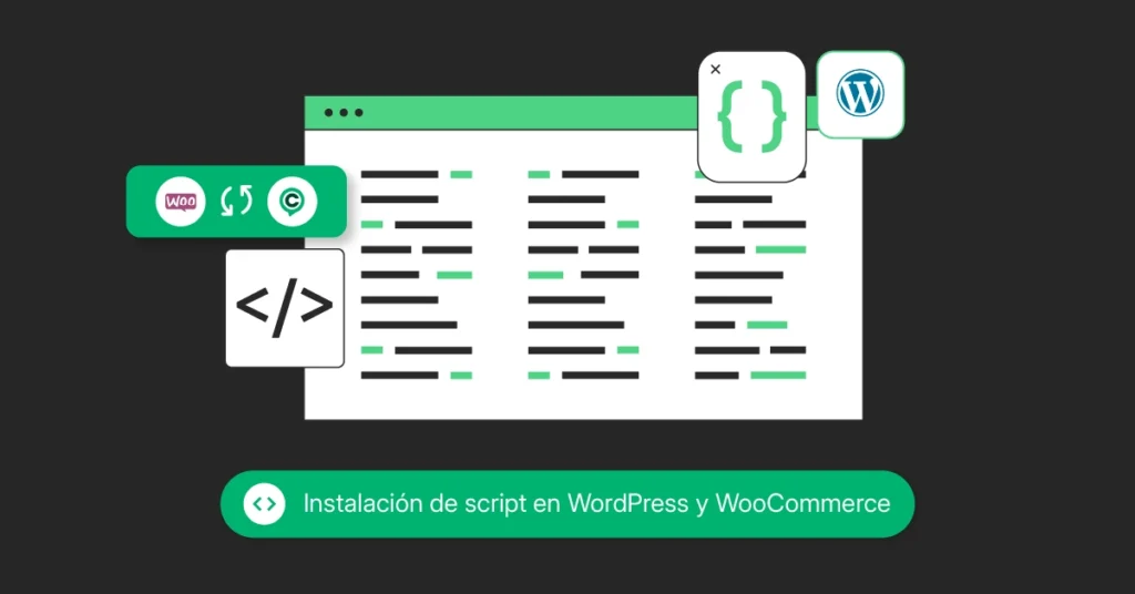 Portada ilustrativa para la guía completa de instalación del script de ChateCommerce en WordPress y WooCommerce. Muestra un flujo visual que conecta el widget de ChateCommerce con cinco métodos de integración: plugin WP Code (recomendado), tema hijo (functions.php/footer.php), Elementor Pro, Divi Builder y Google Tag Manager, sobre un fondo que mezcla el panel de WordPress y una tienda online. Incluye el título '(ALL METHODS EXPLAINED)'.