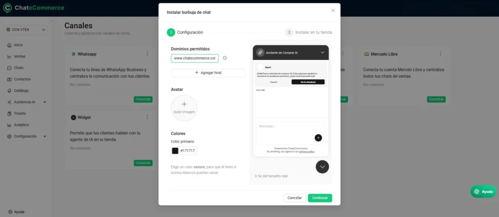 Pantalla de configuración de Shop Agent  en ChateCommerce: dominios, avatar, color y vista previa
