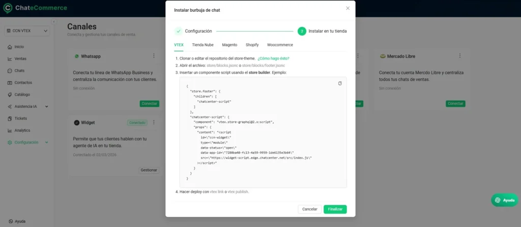 Pantalla de instalación de Shop Agent  con opciones para VTEX, Tiendanube, Shopify, Magento y WooCommerce