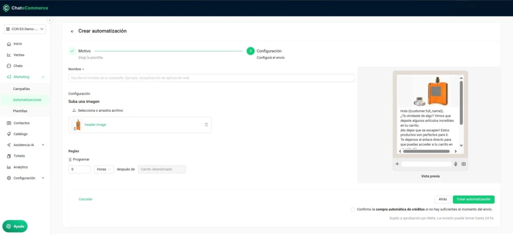 Tela de configuração de automatização no ChateCommerce mostrando o campo de programação de delay para carrinho abandonado
