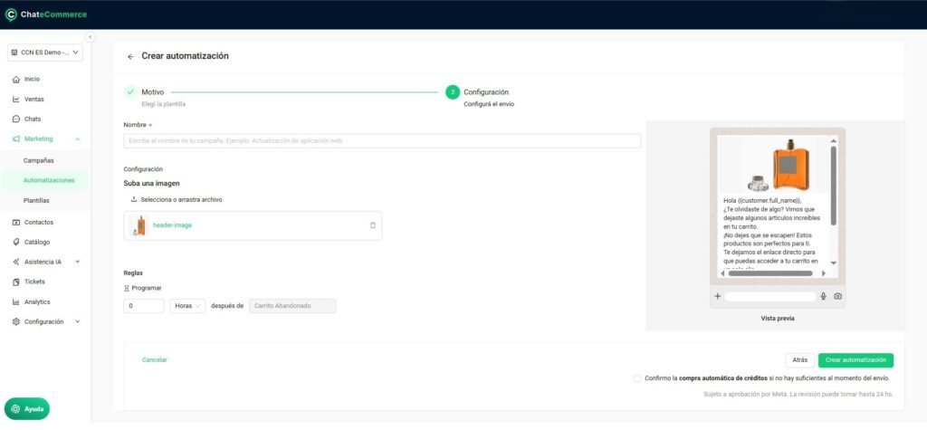 Pantalla de configuración de automatización en ChateCommerce mostrando el campo de programación de delay para carrito abandonado