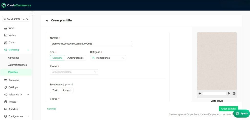 Selección de tipo de plantilla — Dos botones: Campaña (verde activado) y Automatización (blanco) Dropdown de Categoría para Campañas — Opciones: Festividades, Promociones, Evento Propio, Deportes/Cultura, Tendencias