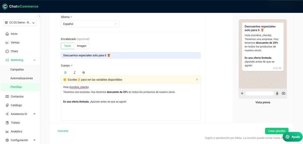 Editor de Cuerpo con variables — Área de edición con barra de herramientas (B, I, S) y dropdown de variables al escribir / 