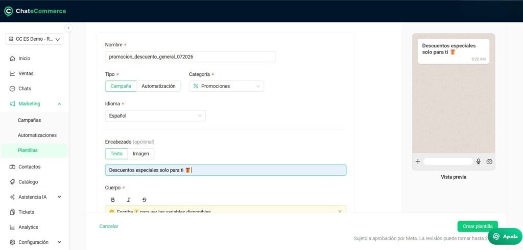 Opciones de Encabezado — Botones para elegir entre Texto e Imagen