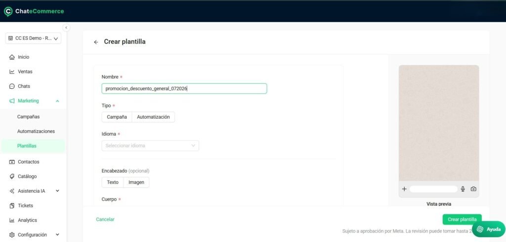 mpo Nombre para crear plantilla — Input de texto con ejemplo "promocion_descuento_general_072026" 