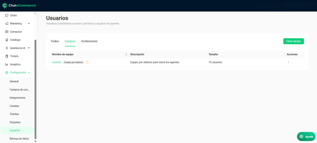 Sección Usuarios en Configuración - Pestaña de Equipos